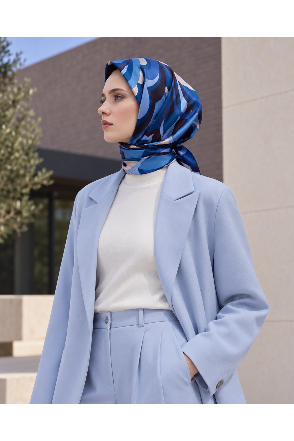 Vera Etnik İpek Eşarp 90x90 - Mavi