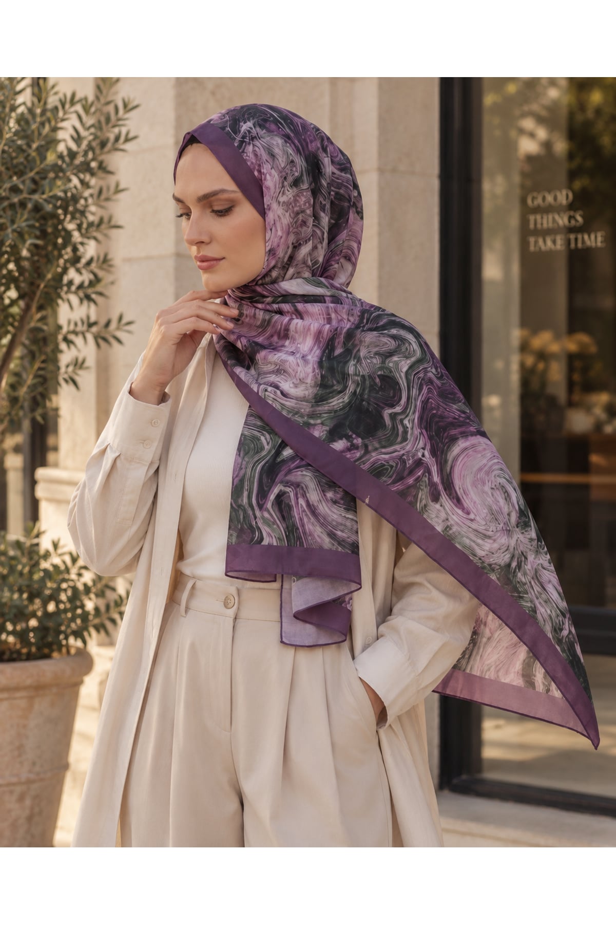 Vera Mermer Desenli Modal Şal 70x180 - Mor