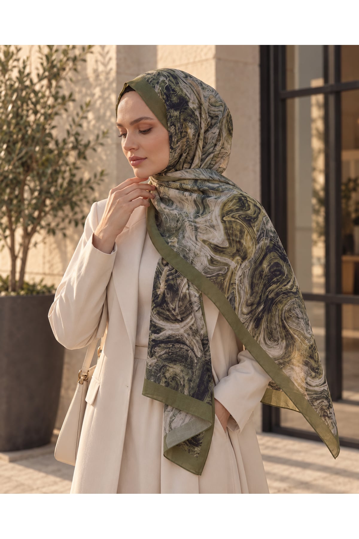 Vera Mermer Desenli Modal Şal 70x180 - Haki