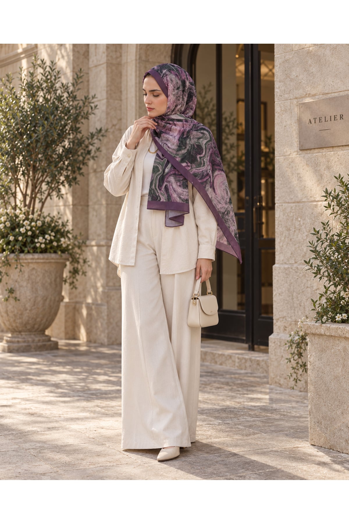 Vera Mermer Desenli Modal Şal 70x180 - Mor — görsel 2