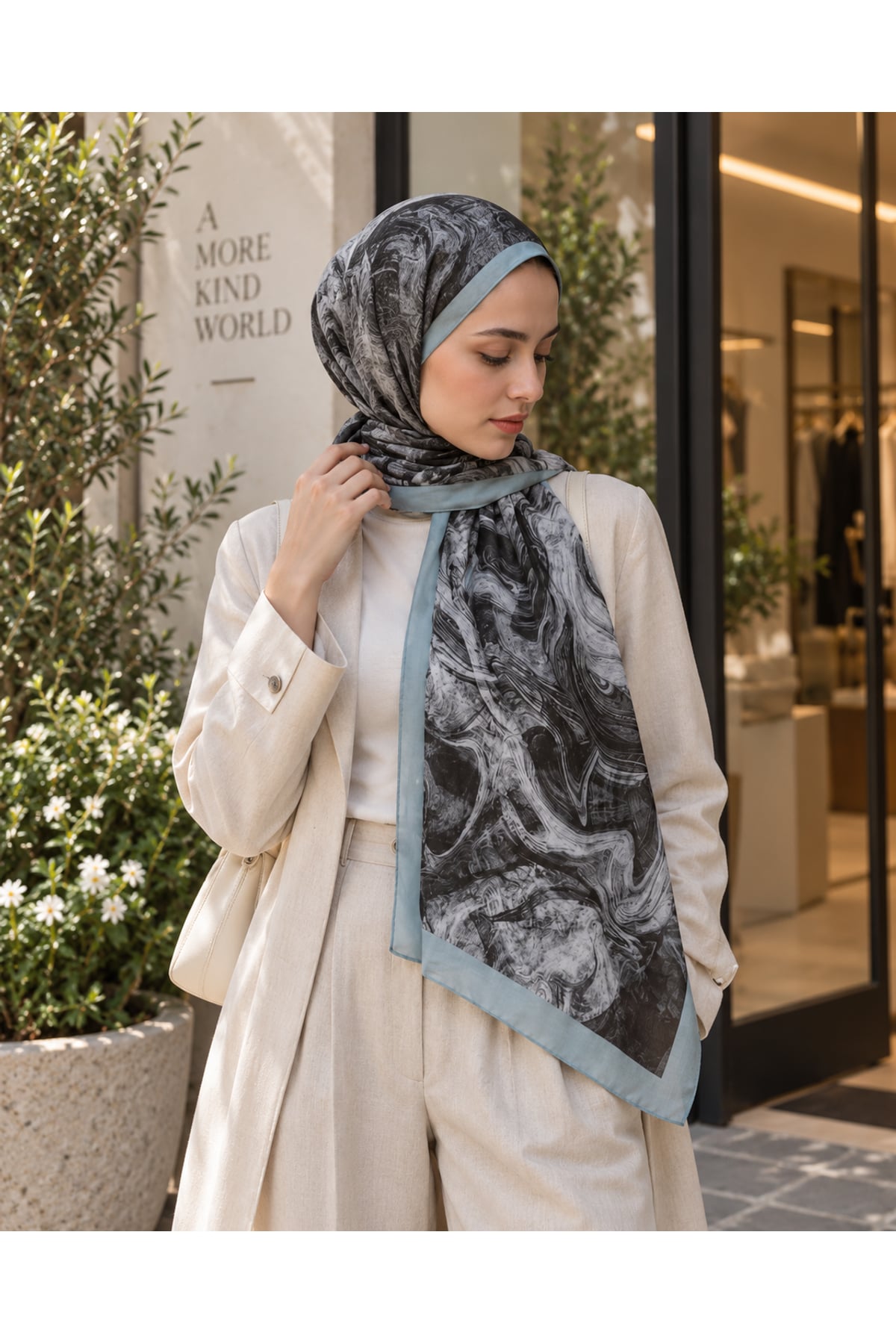 Vera Mermer Desenli Modal Şal 70x180 - Mavi