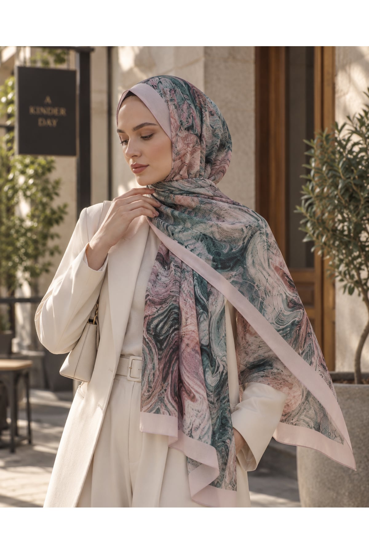 Vera Mermer Desenli Modal Şal 70x180 - Pembe Turkuaz