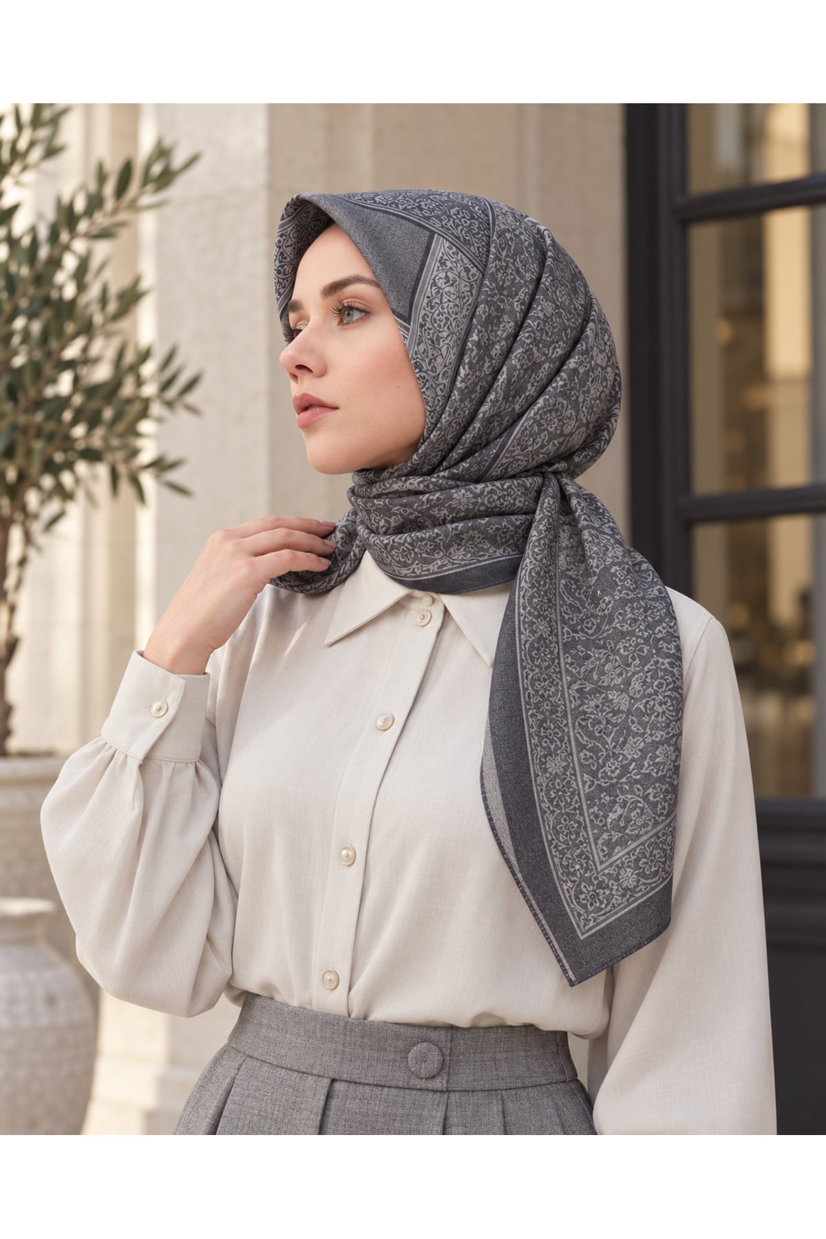 Vera Otantik Desenli Eşarp 100 x 100 - Gri