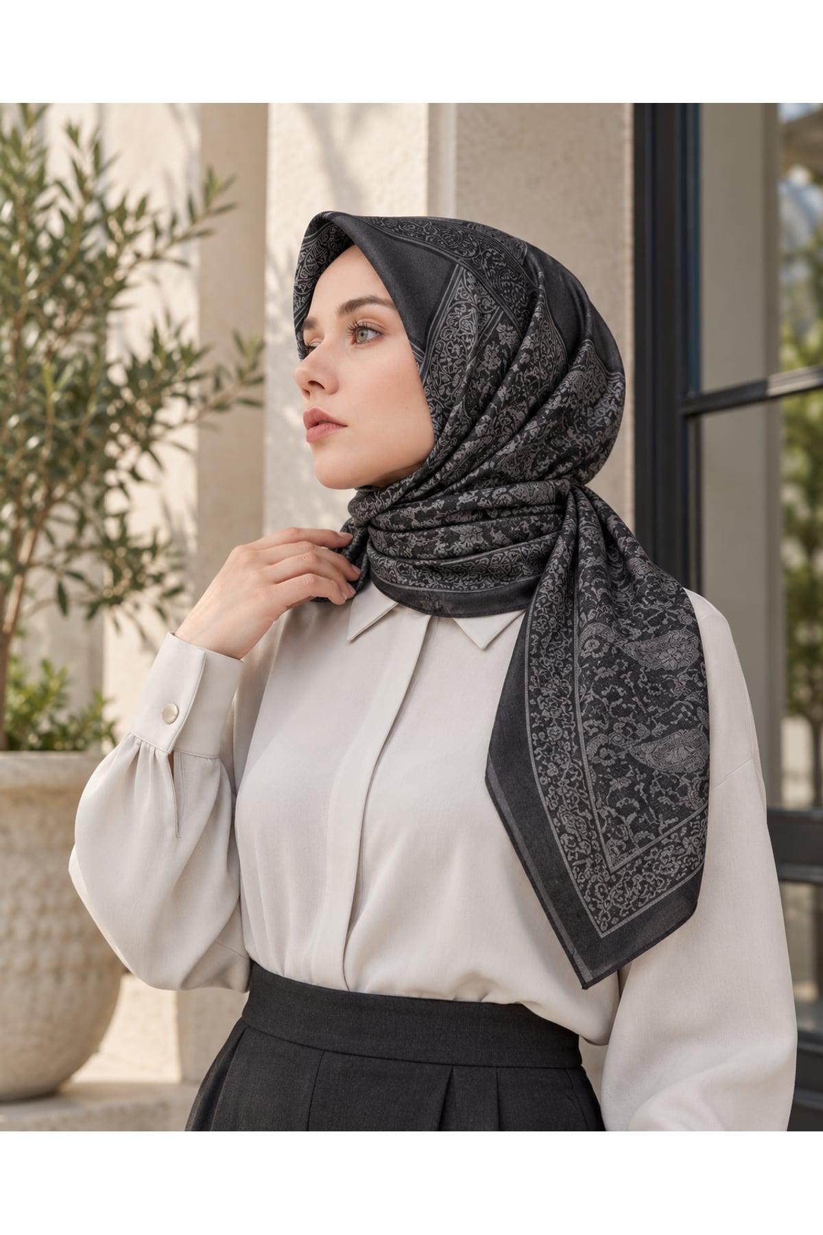 Vera Otantik Desenli Eşarp 100 x 100 - Gri