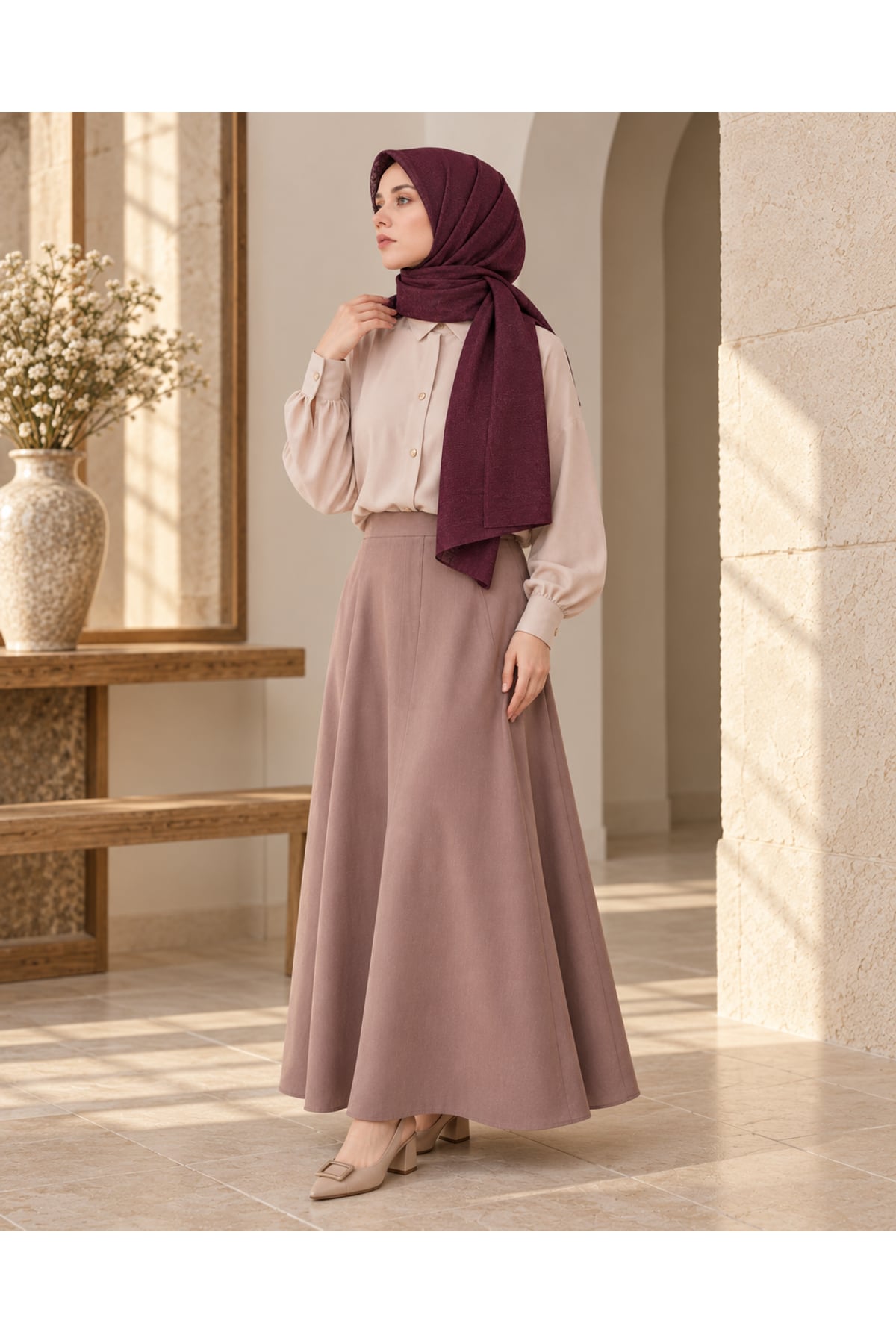Vera Otantik Desenli Eşarp 100 x 100 - Bordo — görsel 2