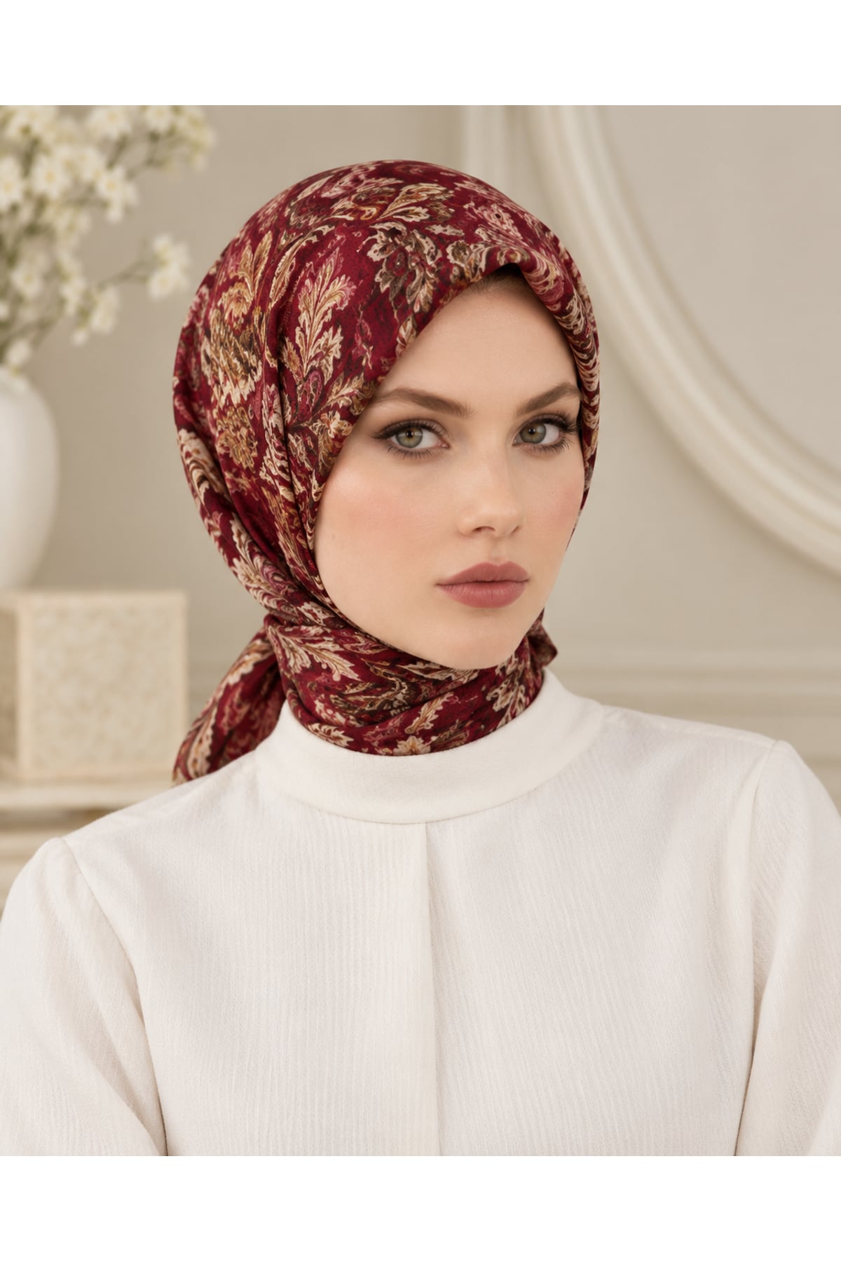Vera Otantik Desenli Eşarp 95 x 95 - Bordo