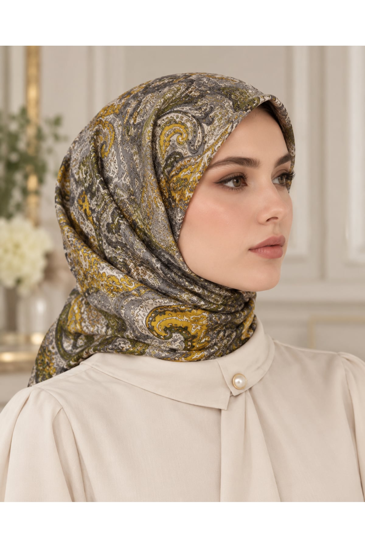 Vera Otantik Desenli Eşarp 95 x 95 - Hardal