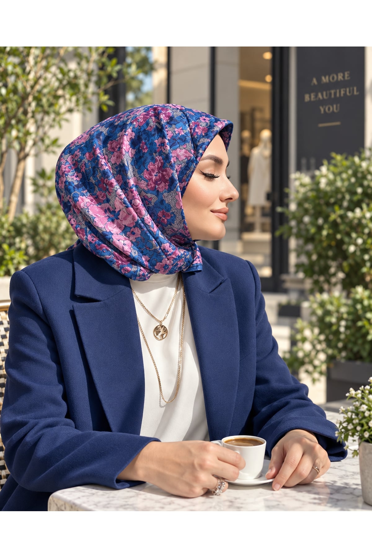 Vera Çiçek Desenli Eşarp - Lacivert