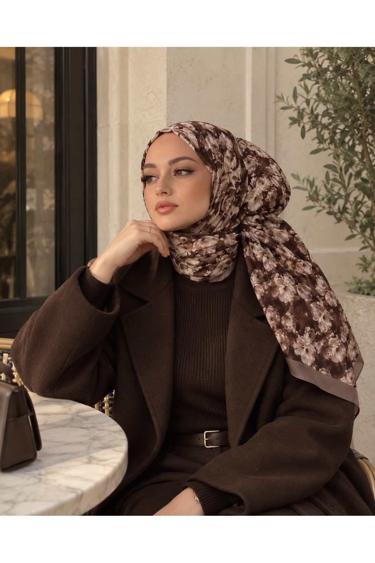 Vera Desenli Kıraş Şal 70x180 - Kahve Bej
