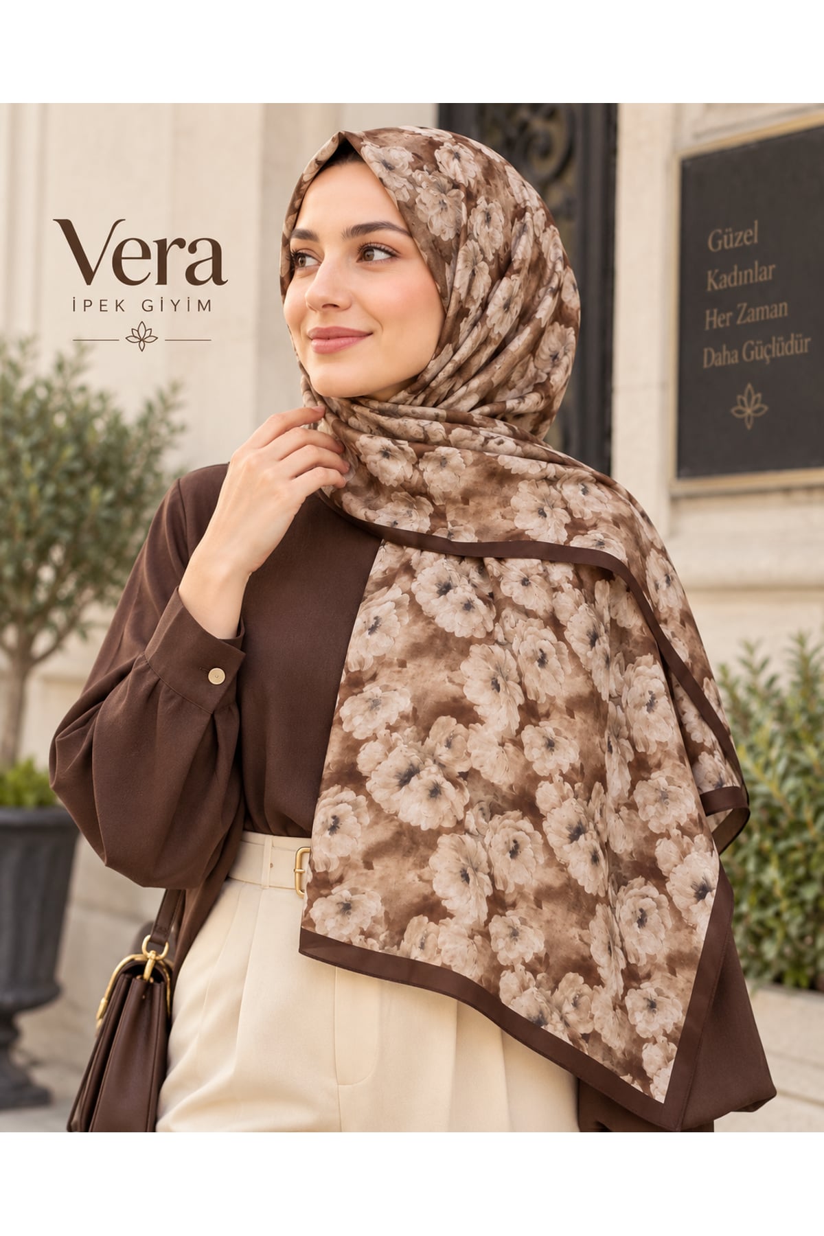Vera Desenli Kıraş Şal 70x180 - Kahve Gül