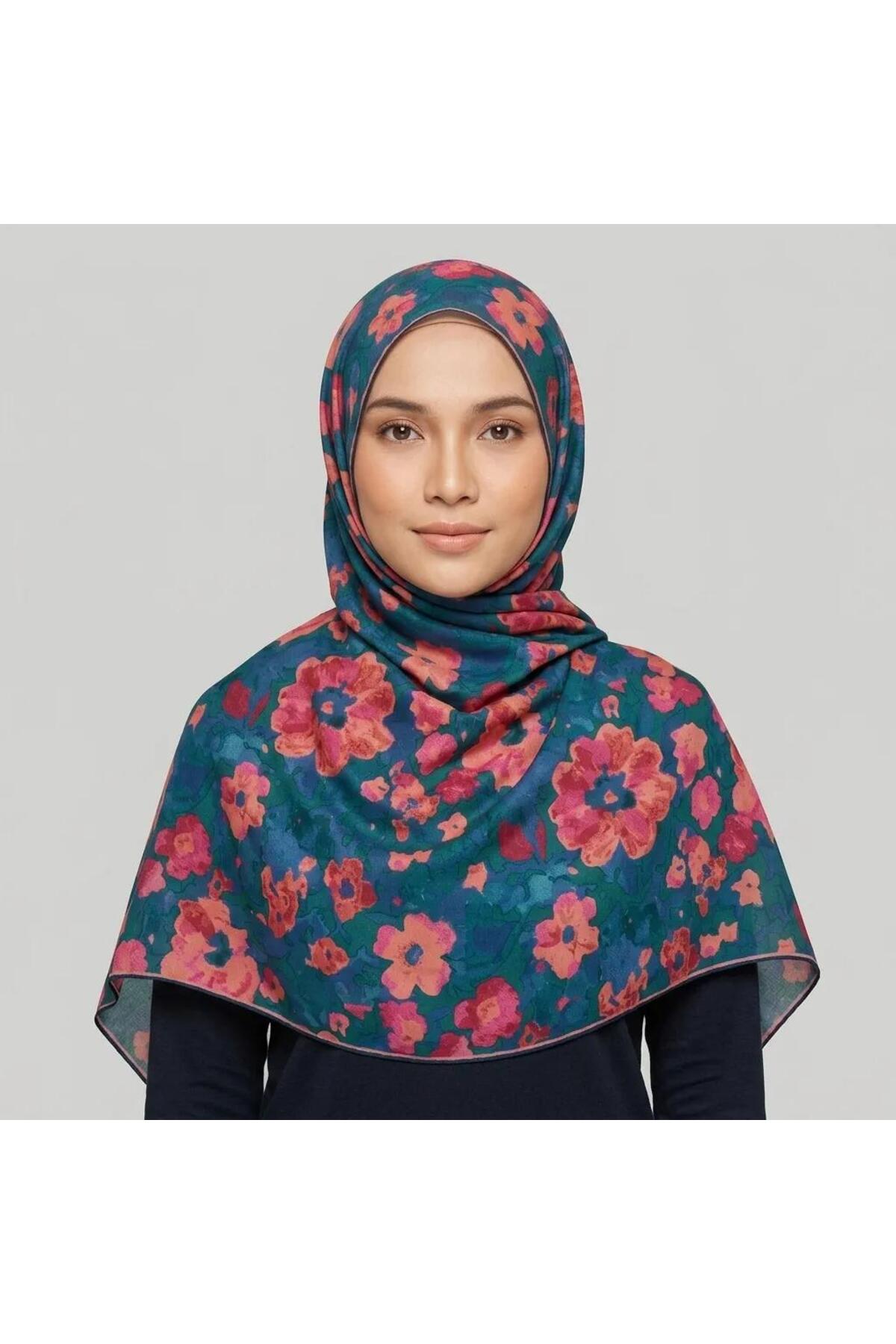 Vera Çiçekli Şal 70 x 185 - Mavi Turuncu Baskılı