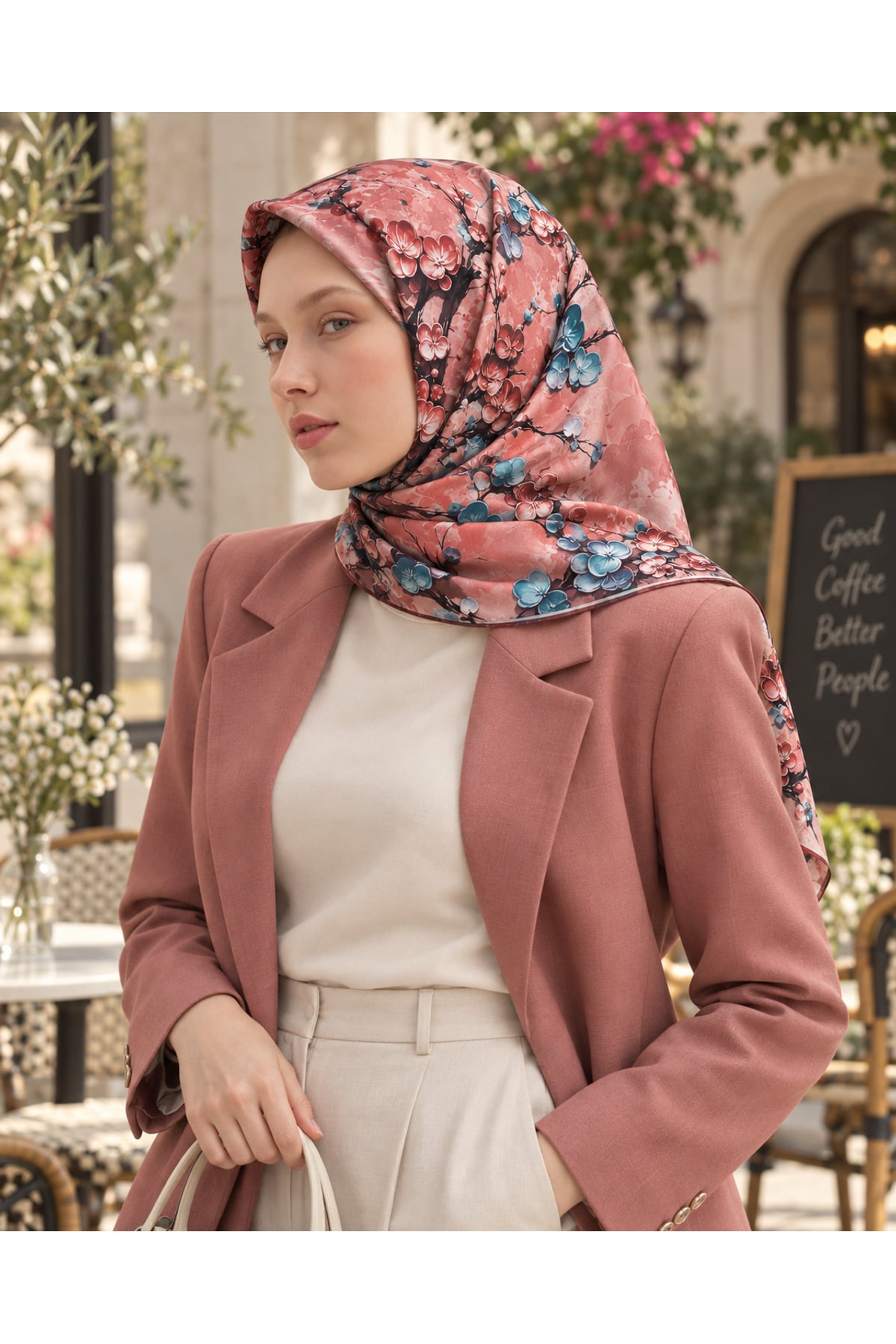 Vera Çiçek Desenli Eşarp - Pembe Turkuaz