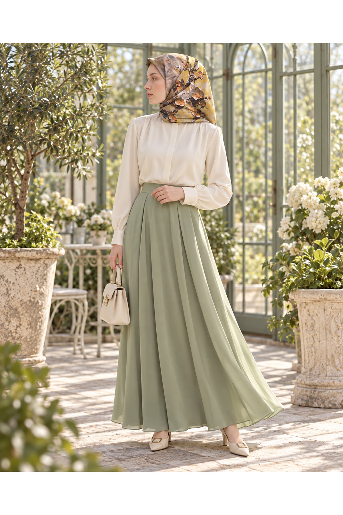 Vera Çiçek Desenli Eşarp - Bej — görsel 2